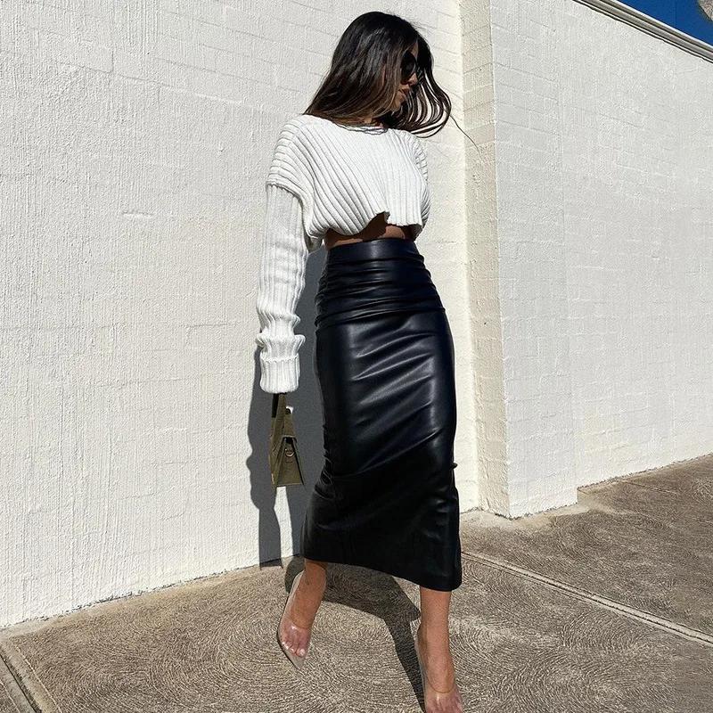 Jupe longue taille haute en cuir pour femmes, jupe moulante sexy, fente pour documents, noir et blan