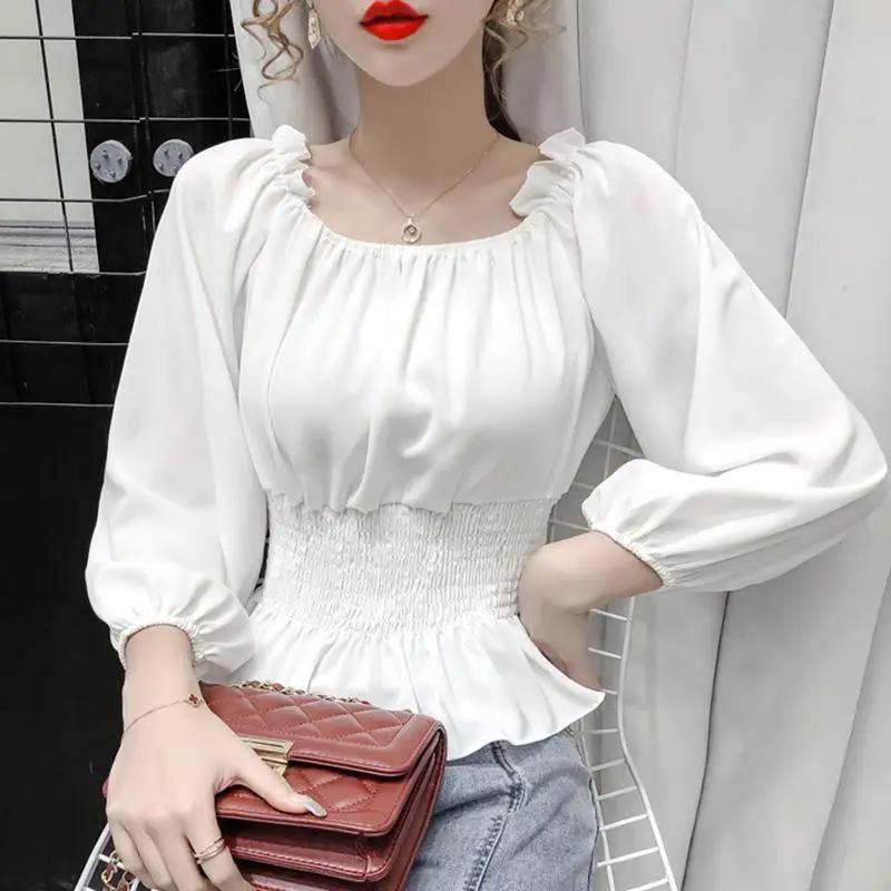 Chemisier Élégant en Mousseline de Soie pour Femme, Chemise Blanche à Volants et Manches Bouffantes,