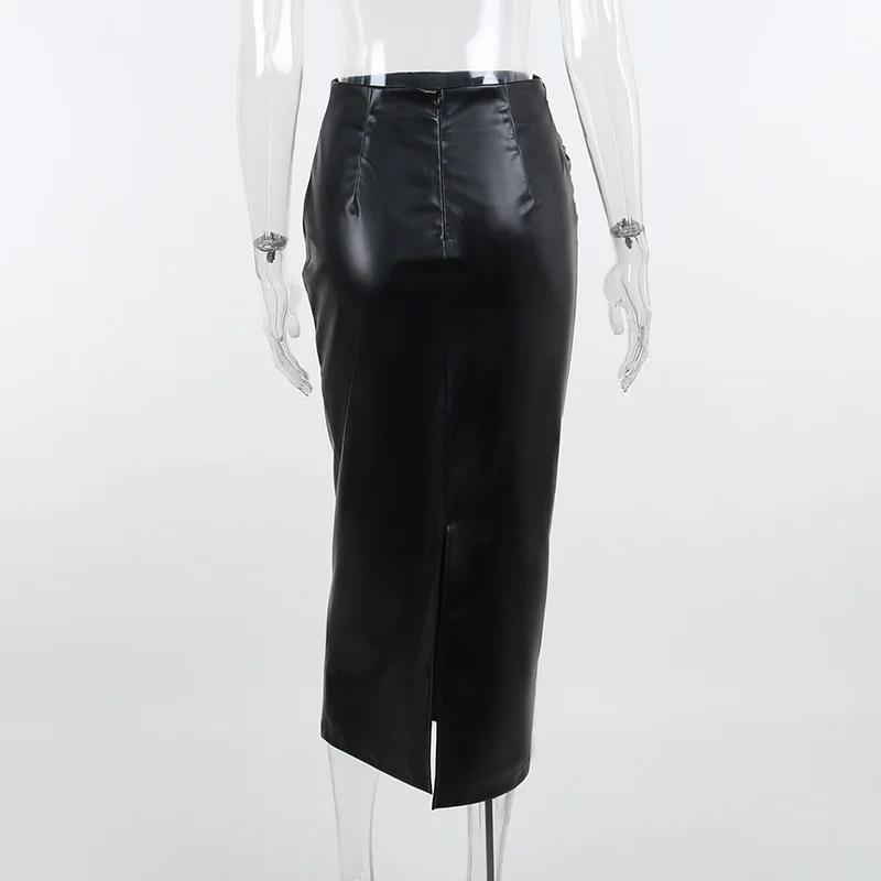 Jupe longue taille haute en cuir pour femmes, jupe moulante sexy, fente pour documents, noir et blan