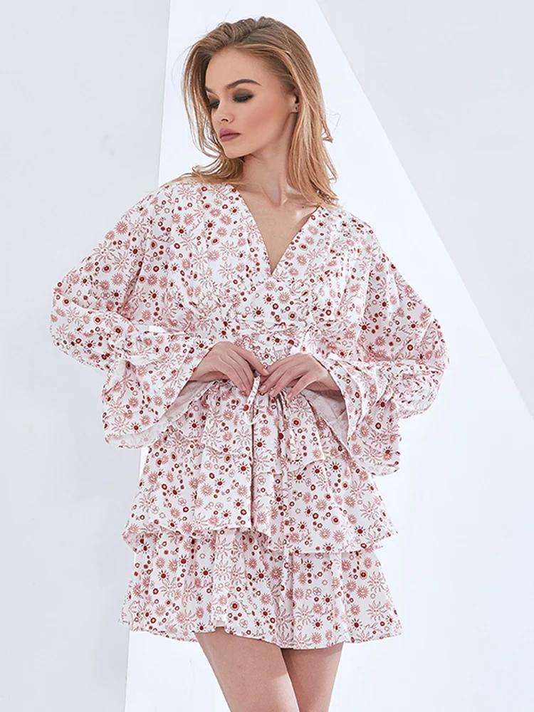TWOTWINSTYLE – Mini robe à volants et imprimé Floral pour femmes, col en V, manches longues, couleur