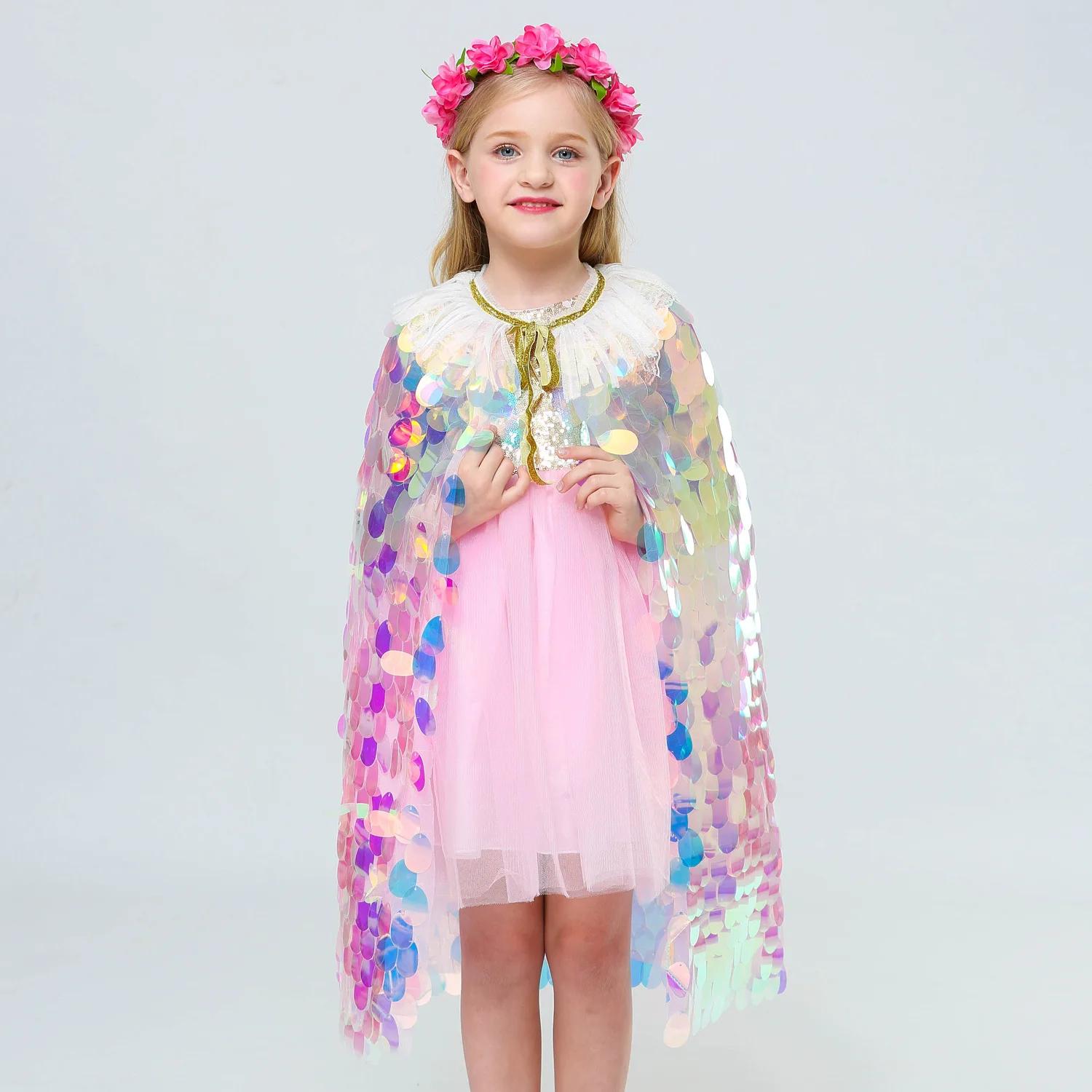 Cape à paillettes pour filles, petite sirène, vêtements de fête sur la plage, châle arc-en-ciel, Cos