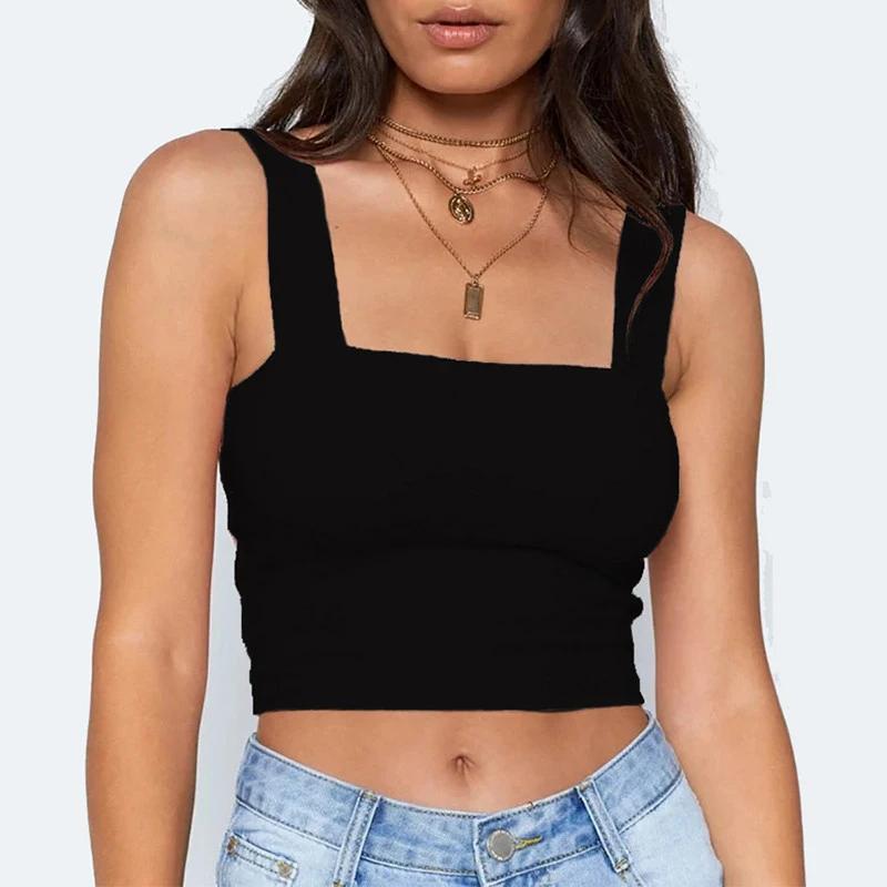 Col carré sans manches été haut court blanc femmes noir décontracté basique t-shirt épaules nues Cam