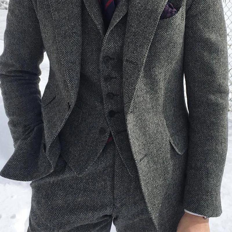 Smoking formel à chevrons pour hommes, tweed de laine grise, veste trempée, pantalon en émail, mode 