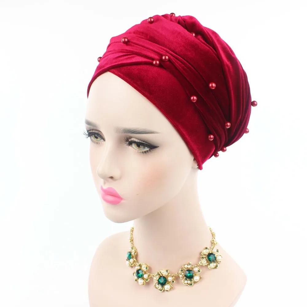 Écharpe turban en velours chaud pour femme, écharpe de sauna à perles, bonnet, chapeau africain et i