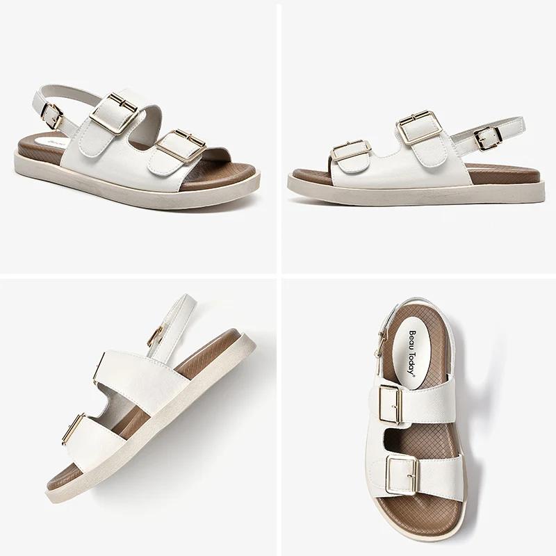 BEAU TODAY-Sandales décontractées en cuir de vache pour femmes, chaussures de sport à talons bas, fa