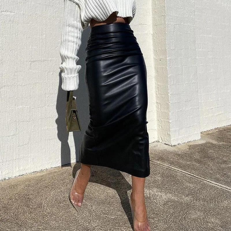 Jupe longue taille haute en cuir pour femmes, jupe moulante sexy, fente pour documents, noir et blan