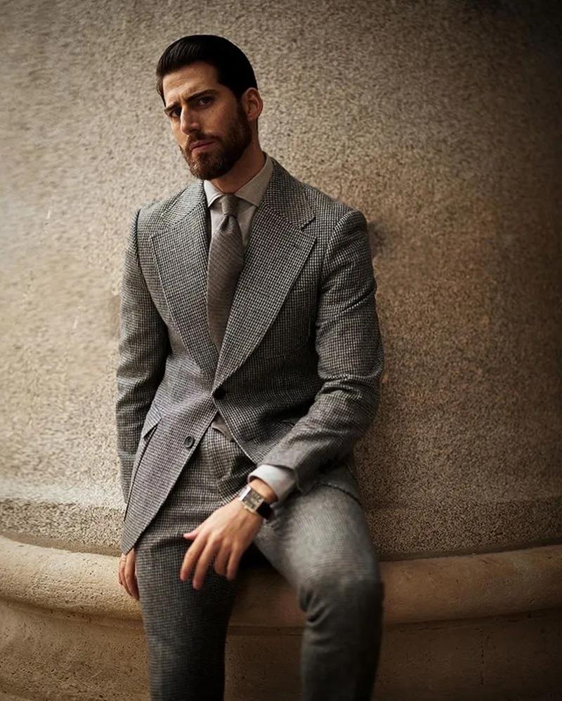 Costumes sur mesure pour hommes, 2 pièces, revers, petit tissu pied-de-poule, formel, mariage, décon