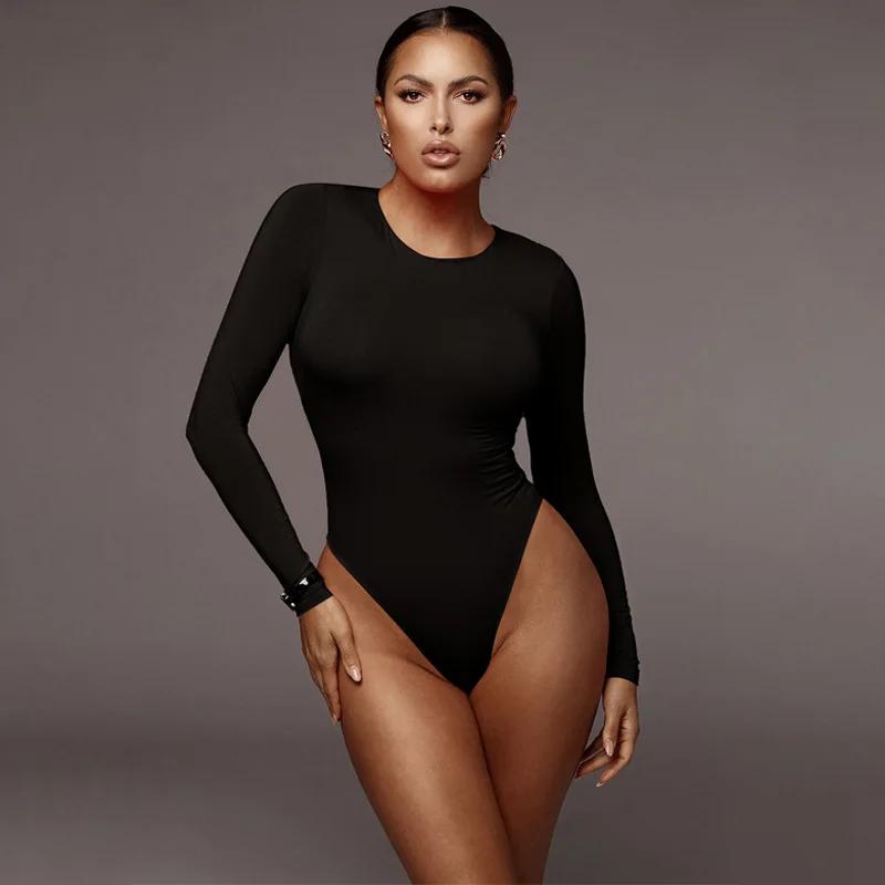 O cou à manches longues solide blanc Sexy Body femmes noir automne hiver corps haut gris décontracté