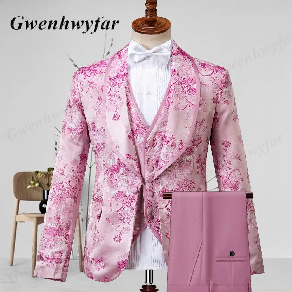 Gwenhwyfar rose hommes Tuxedos Floral 2026 haute qualité mâle fête Tuxedos 3 pièces coupe ajustée ch
