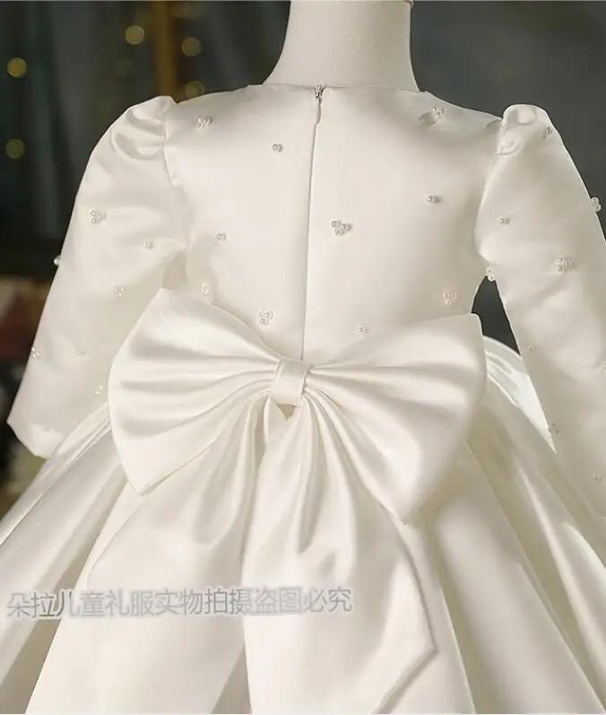 Robe de 1er anniversaire pour bébé fille, tenue de baptême à manches longues avec nœud Tutu, robe de