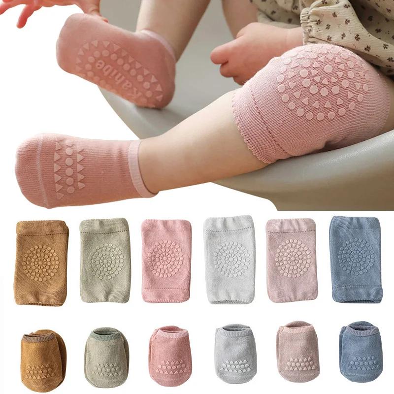 Ensemble de chaussettes et genouillères pour bébé, pour filles et garçons, couleur unie, antidérapan