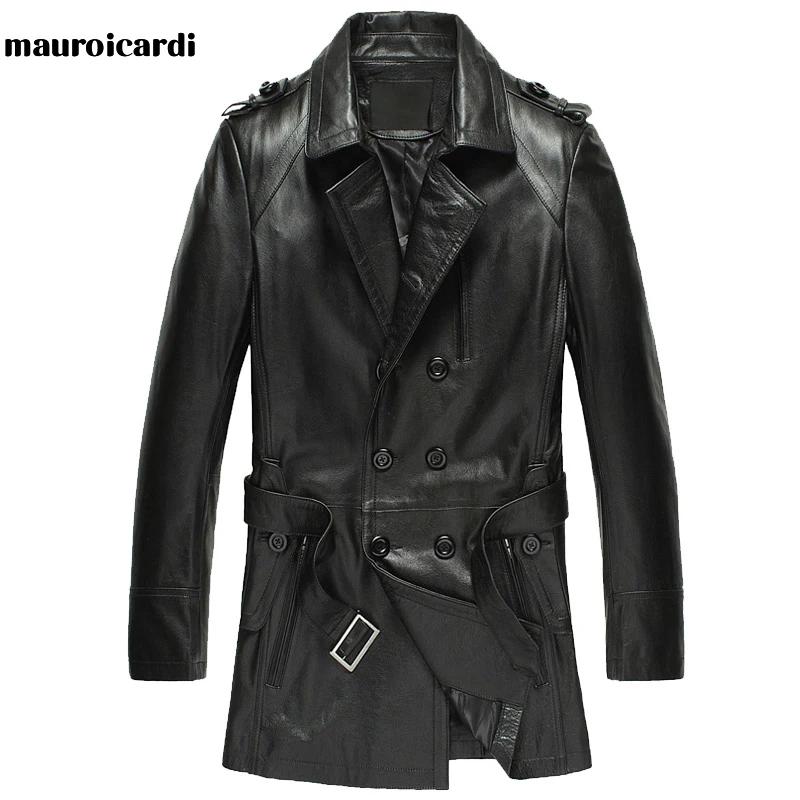 Mauroicardi-Manteau en Cuir PU Noir pour Femme, Manches sulf, Double Boutonnage, Élégant, Luxe, Styl