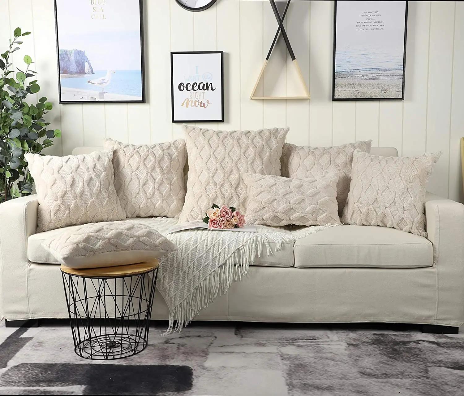 Doux Peluche Laine Courte Velours Décoratif Housses de Coussin Luxe Style pour canapé Chambre Beige 