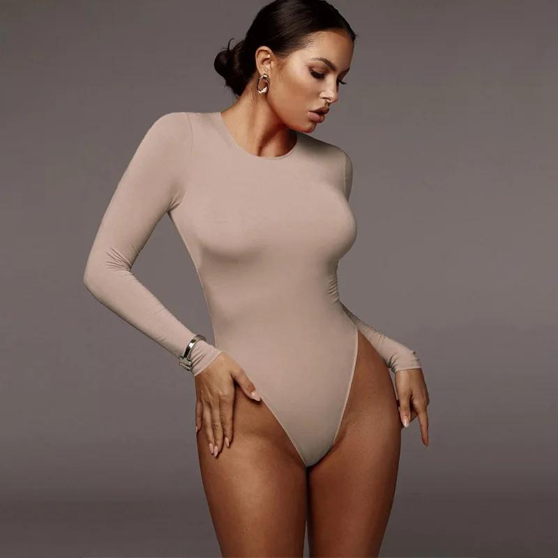 O cou à manches longues solide blanc Sexy Body femmes noir automne hiver corps haut gris décontracté