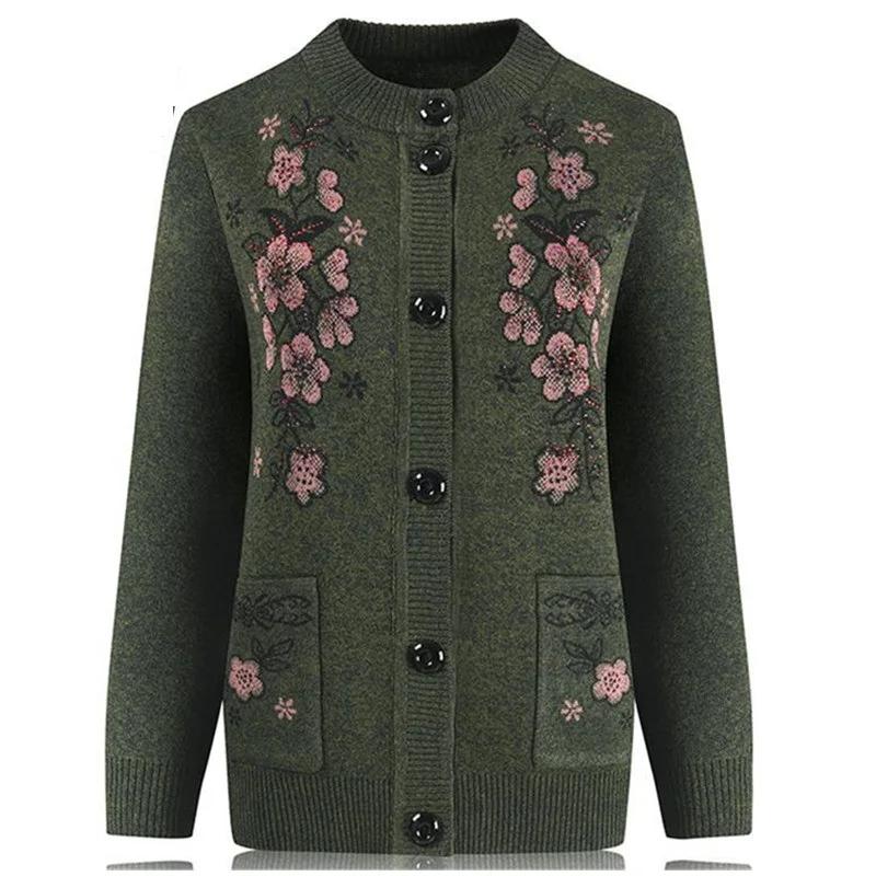 Pull en tricot à manches longues en titane pour femmes d'âge moyen, cardigan de grand-mère, manteau 