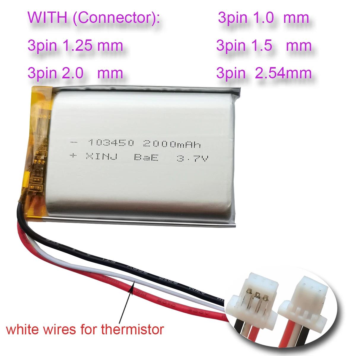 Batterie aste au lithium polymère, thermistance à 3 fils, 3.7V, 2000mAh, 7,4 Wh, 103450, 3 broches, 