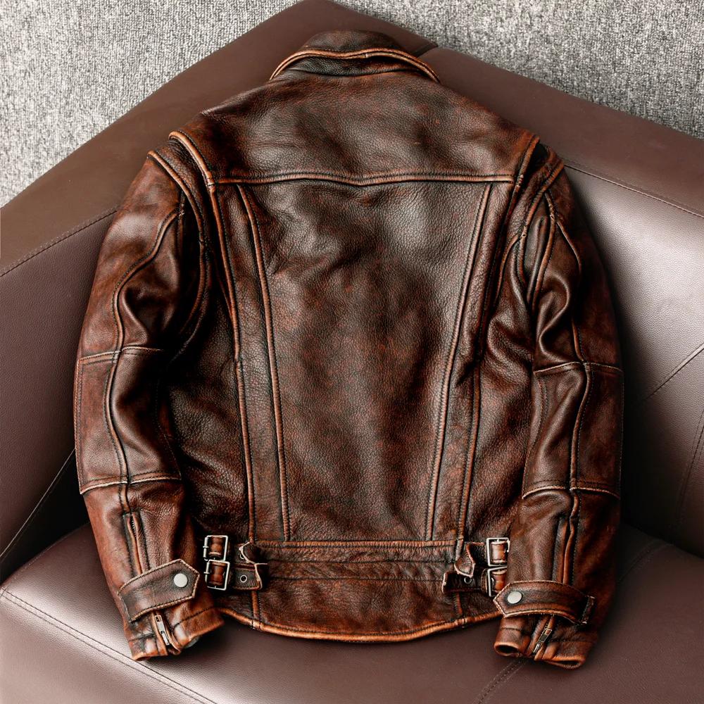 Veste en cuir à queue d'hirondelle pour hommes, haut de moto vintage, manteau en cuir de vachette, v