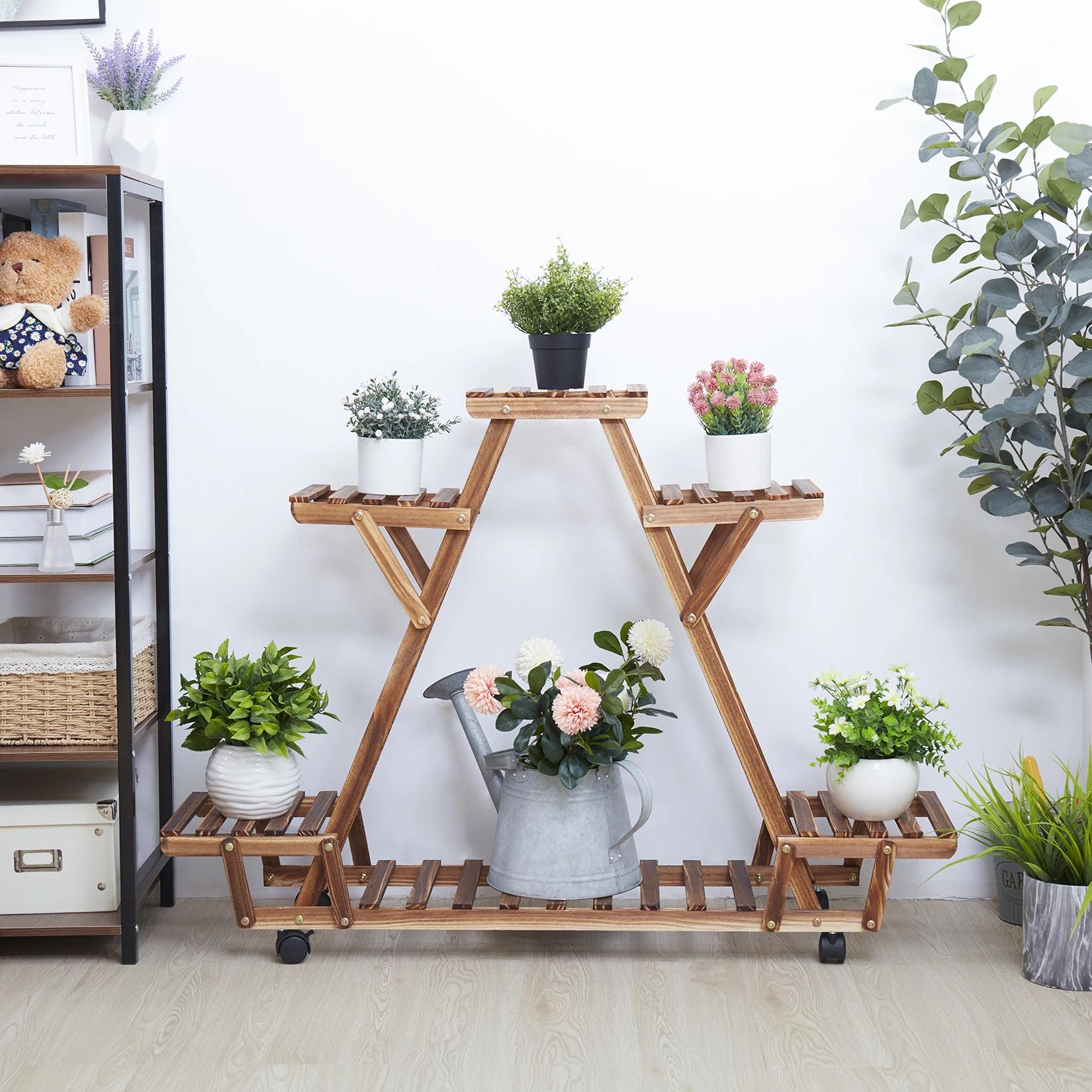 Étagère triangulaire pour plantes, 6 pots en bois carbonisé, support pour pots de fleurs, présentoir