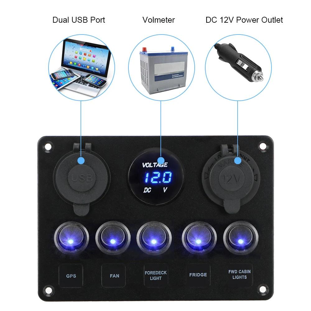 Panneau lumineux LED à 5 boutons, 12V 24V, chargeurs USB, jauge 3.0 volts, pour voiture, bateau, cam