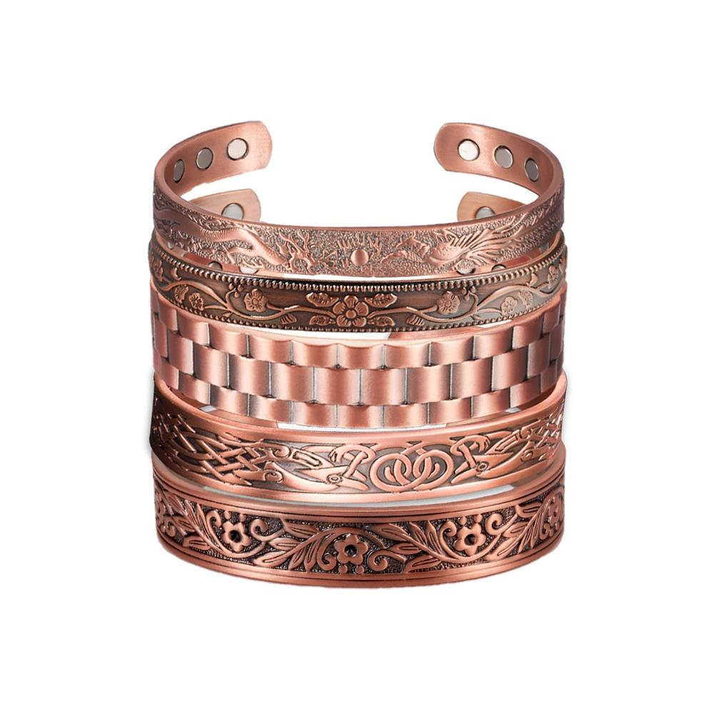Vinterly Bracelet en cuivre pur hommes magnétique Vintage réglable aimant élevé manchette ouverte br