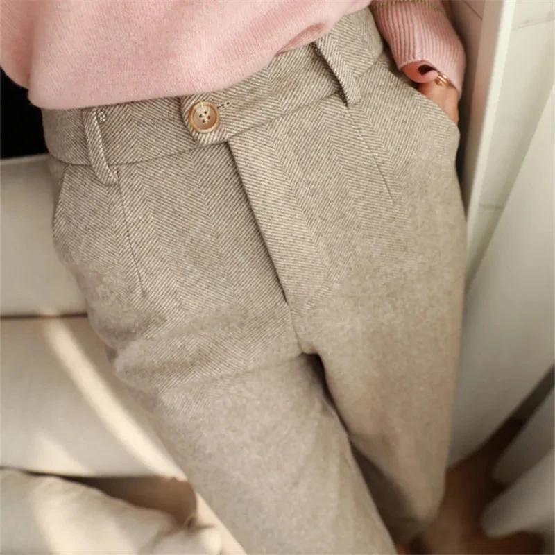Pantalon crayon sarouel en laine pour femme, taille haute, pantalon décontracté imbibé, bureau, auto