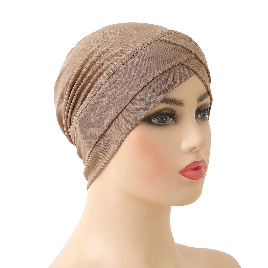 H117 front croisé musulman Turban couleur Pure extensible intérieur Hijabs pour casquettes prêt à po