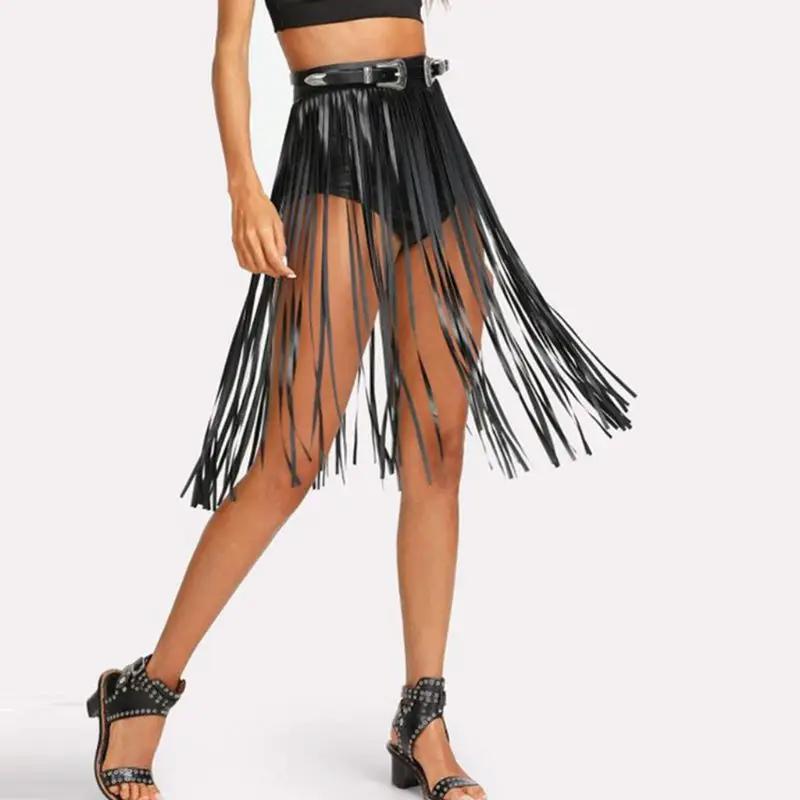 Jupe à franges en Faux pour femmes, taille haute, harnais avec boutons à pression, fête d'halloween,