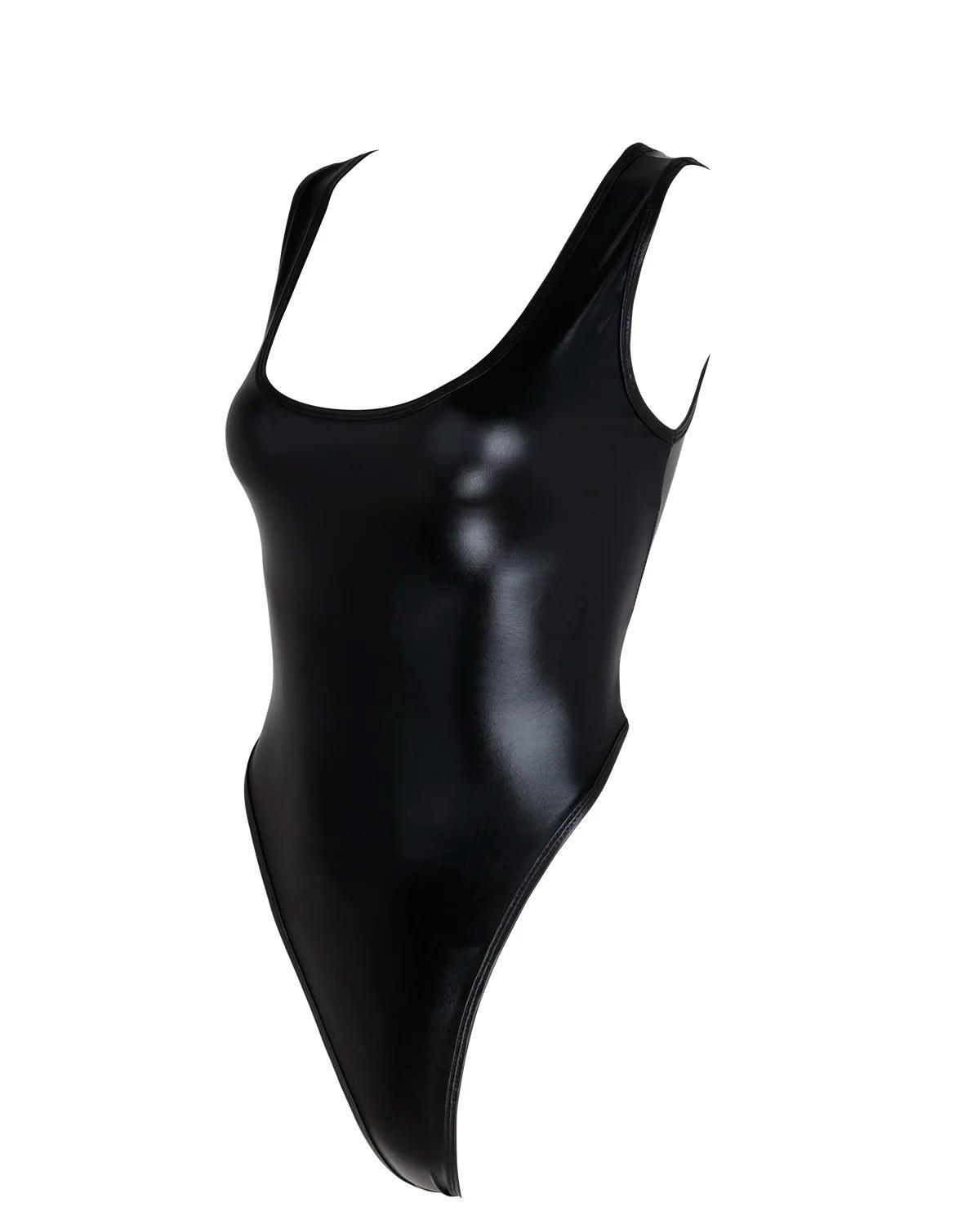 Femmes brillant métallique en cuir verni coupe haute dos nu justaucorps gymnastique body une pièce m