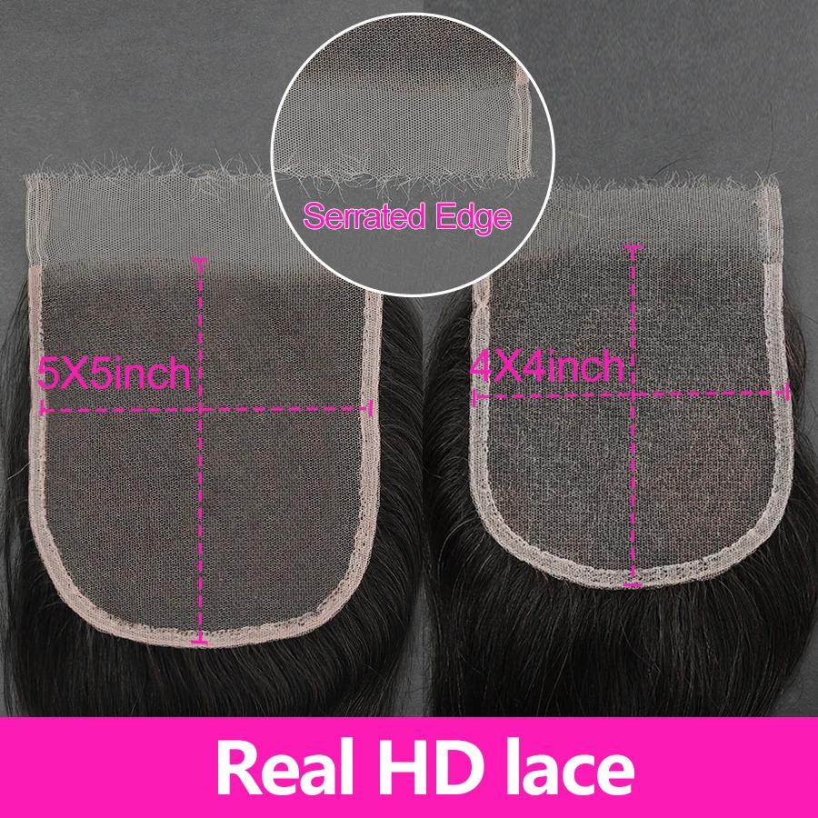 Perruque Lace Closure Remy Naturelle, Cheveux Lisses, 5x5, Peaux Fondues, Pre-plucked, pour Femme Af