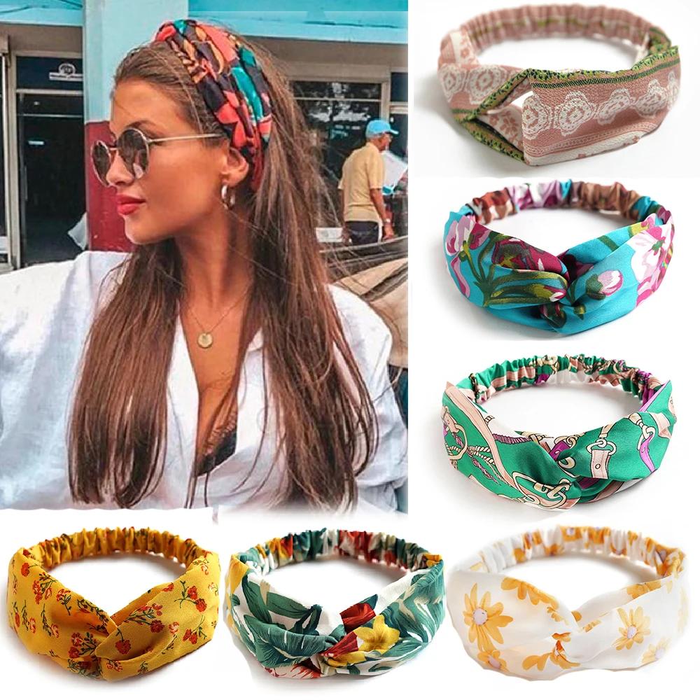 Mode femmes filles été bohème bandes de cheveux imprimer bandeaux Vintage croix Turban pansement Ban