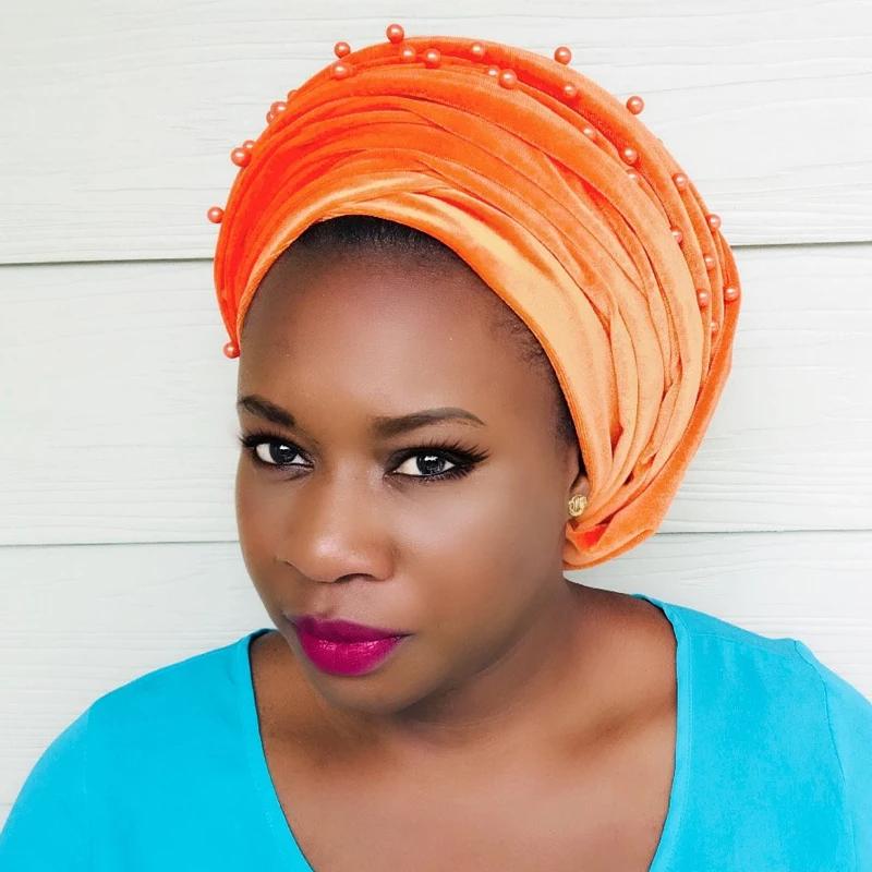Écharpe turban en velours chaud pour femme, écharpe de sauna à perles, bonnet, chapeau africain et i