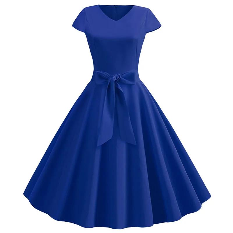 Robe d'été Vintage pour femmes, avec ceinture, manches courtes, col en V, élégante, rétro, robes de 
