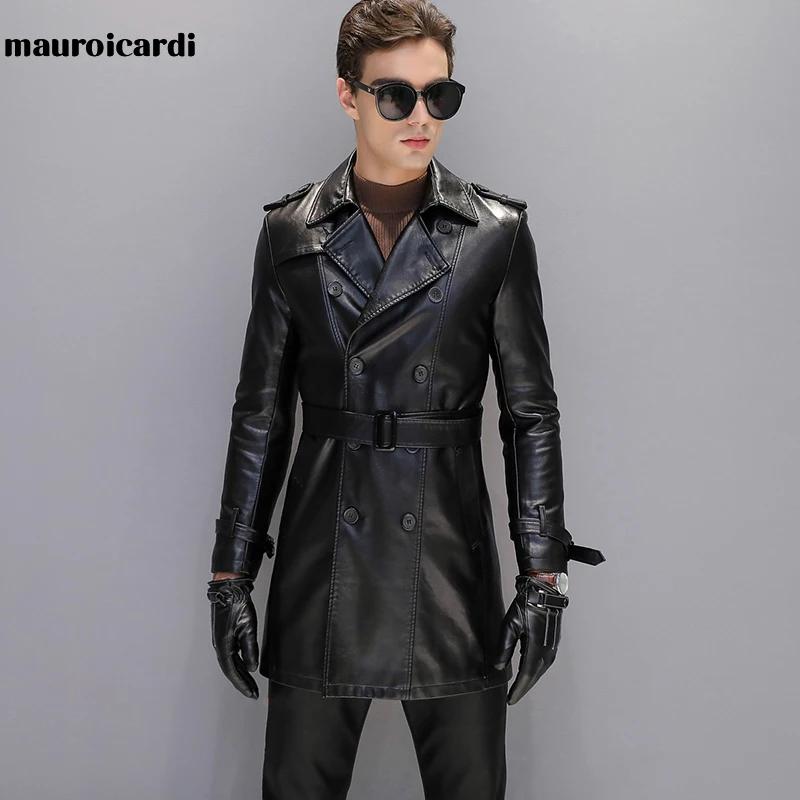 Mauroicardi automne noir Faux cuir Trench manteau hommes à manches longues ceinture Double boutonnag