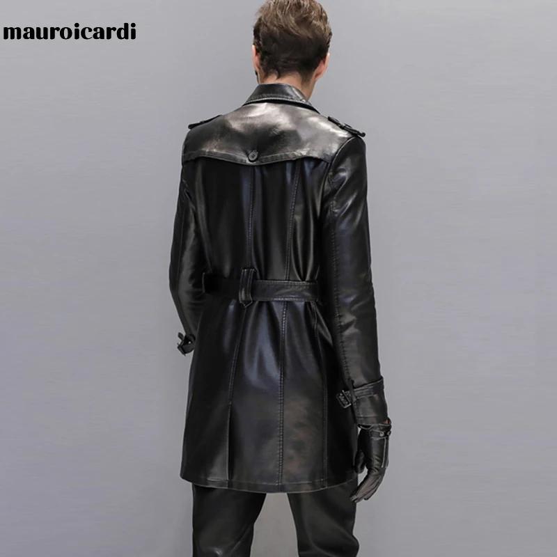 Mauroicardi automne noir Faux cuir Trench manteau hommes à manches longues ceinture Double boutonnag