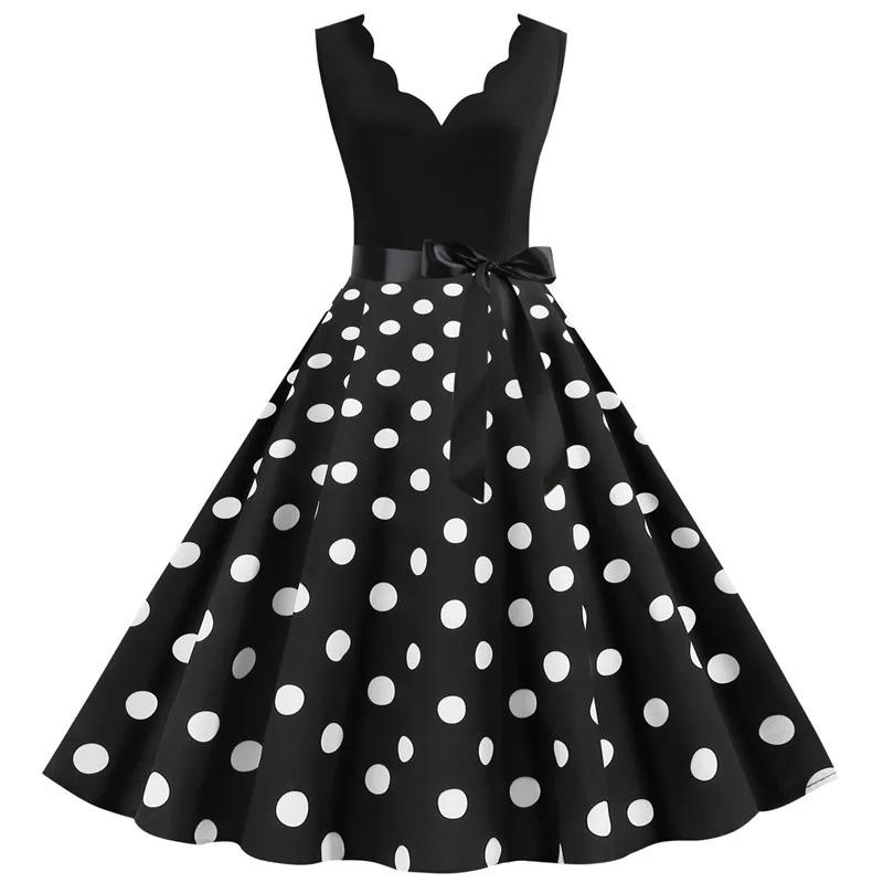 Femmes rétro robes d'été 50s 60s sans manches col en v à pois nœud boule cultivé fête Robe d'été Rob