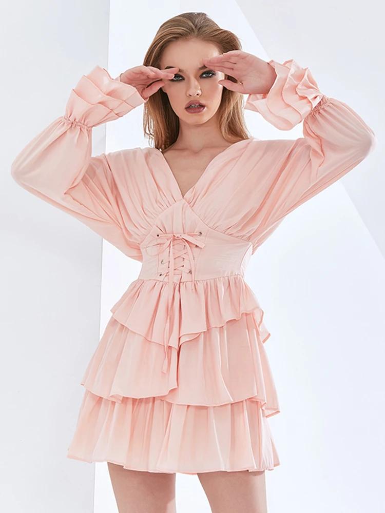 TWOTWINSTYLE – Mini robe à volants et imprimé Floral pour femmes, col en V, manches longues, couleur