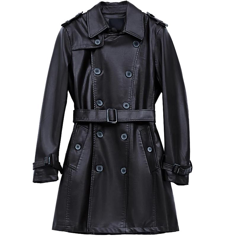 Mauroicardi automne noir Faux cuir Trench manteau hommes à manches longues ceinture Double boutonnag