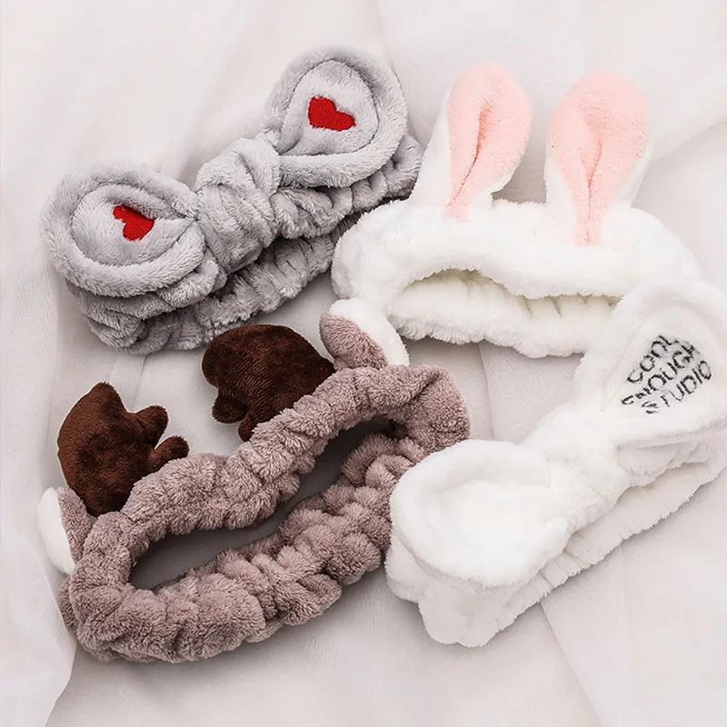 Bandeau en polaire corail doux et chaud avec nœud et oreilles d'animaux pour le lavage du visage, po