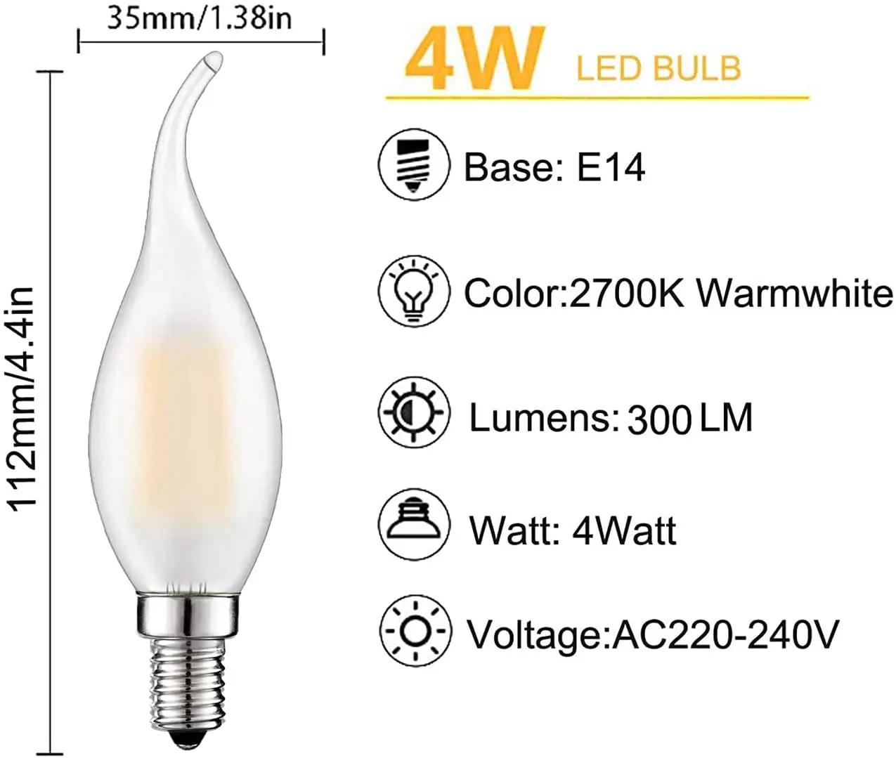 Lampe à filament rétro LED à intensité variable, C35 givrée, E14, 220V, 4W, 6W, blanc chaud 2700K, p