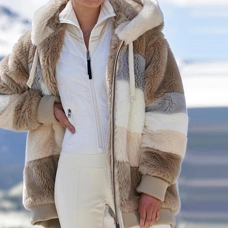 Manteau en peluche pour femme, veste à capuche avec fermeture éclair, décontractée, surdimensionnée,