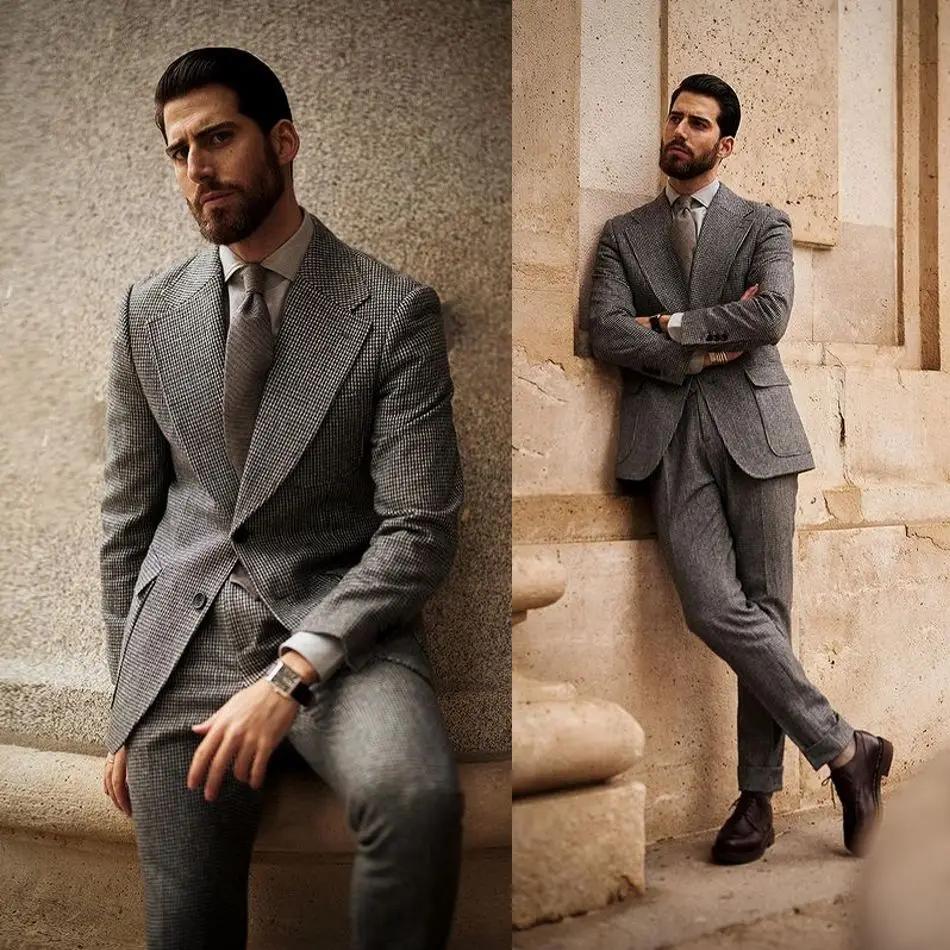 Costumes sur mesure pour hommes, 2 pièces, revers, petit tissu pied-de-poule, formel, mariage, décon