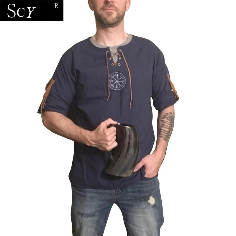 Hommes grande taille petit haut ancien Viking broderie à lacets col en V à manches longues petit hau