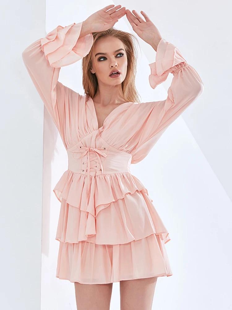 TWOTWINSTYLE – Mini robe à volants et imprimé Floral pour femmes, col en V, manches longues, couleur