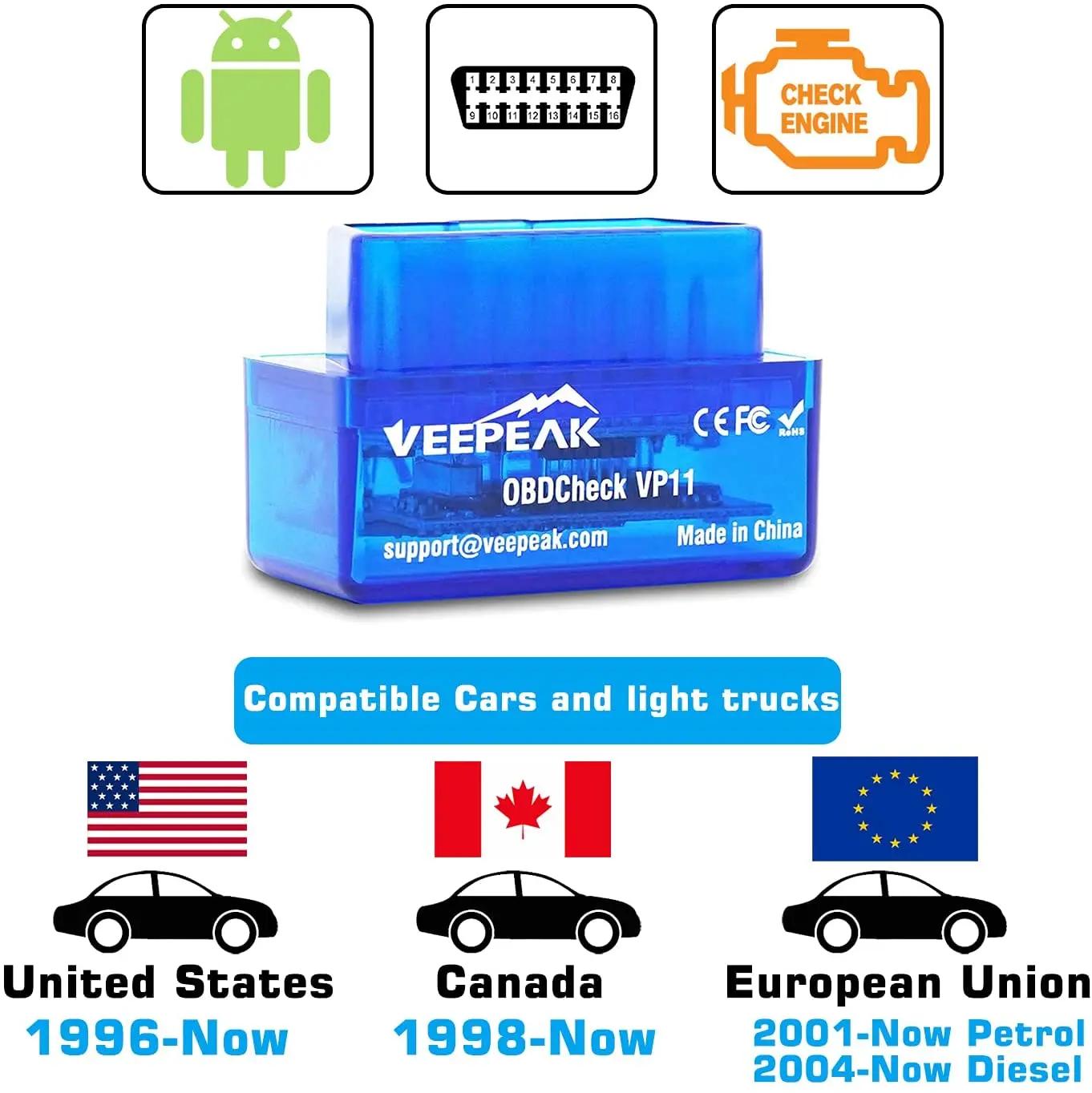 Veepeak Mini Scanner Bluetooth OBD2 pour Android, Outil de Diagnostic Automobile OBD II, Lecteur de 