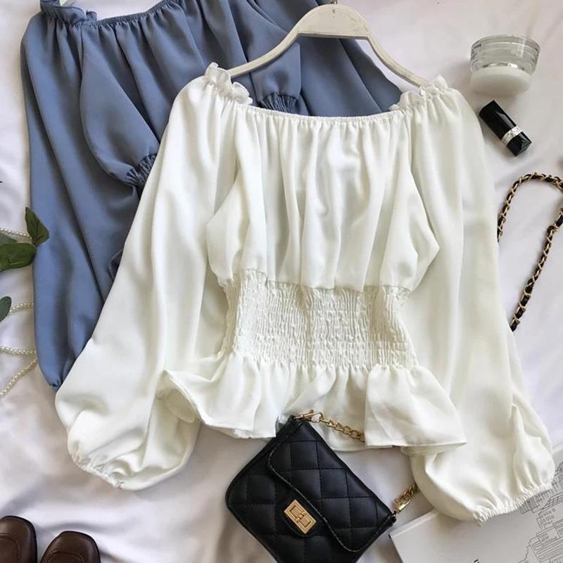 Chemisier Élégant en Mousseline de Soie pour Femme, Chemise Blanche à Volants et Manches Bouffantes,
