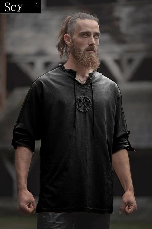 Hommes grande taille petit haut ancien Viking broderie à lacets col en V à manches longues petit hau