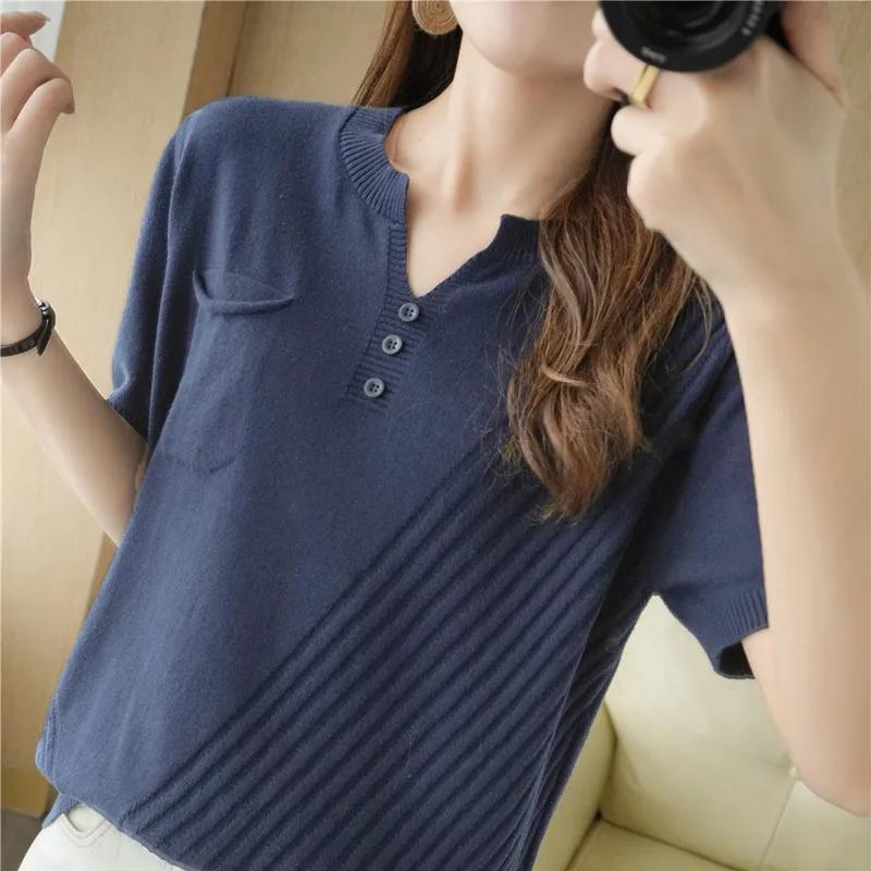 T-shirt tricoté à manches courtes et col en v pour femme, haut ample et décontracté, couleur unie, 1