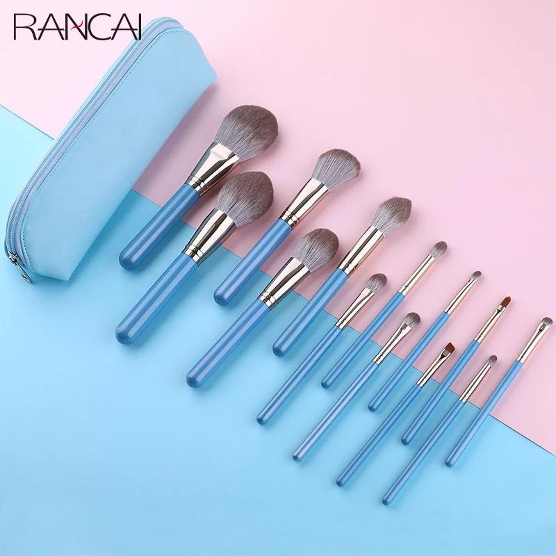 RANCAI-Ensemble de pinceaux de maquillage avec sac en cuir, fond de teint, poudre, fard à barrage, f