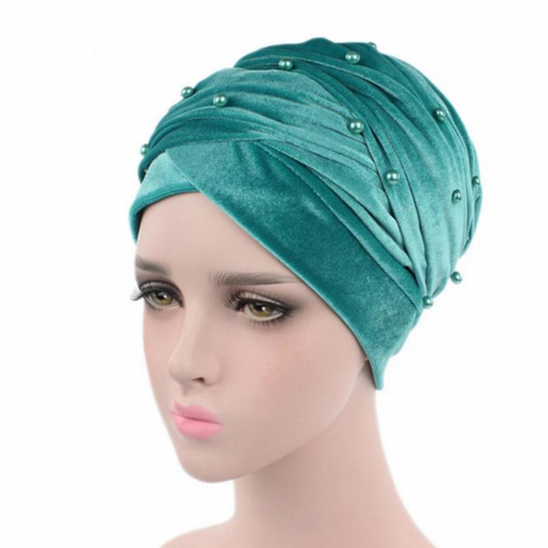 Écharpe turban en velours chaud pour femme, écharpe de sauna à perles, bonnet, chapeau africain et i