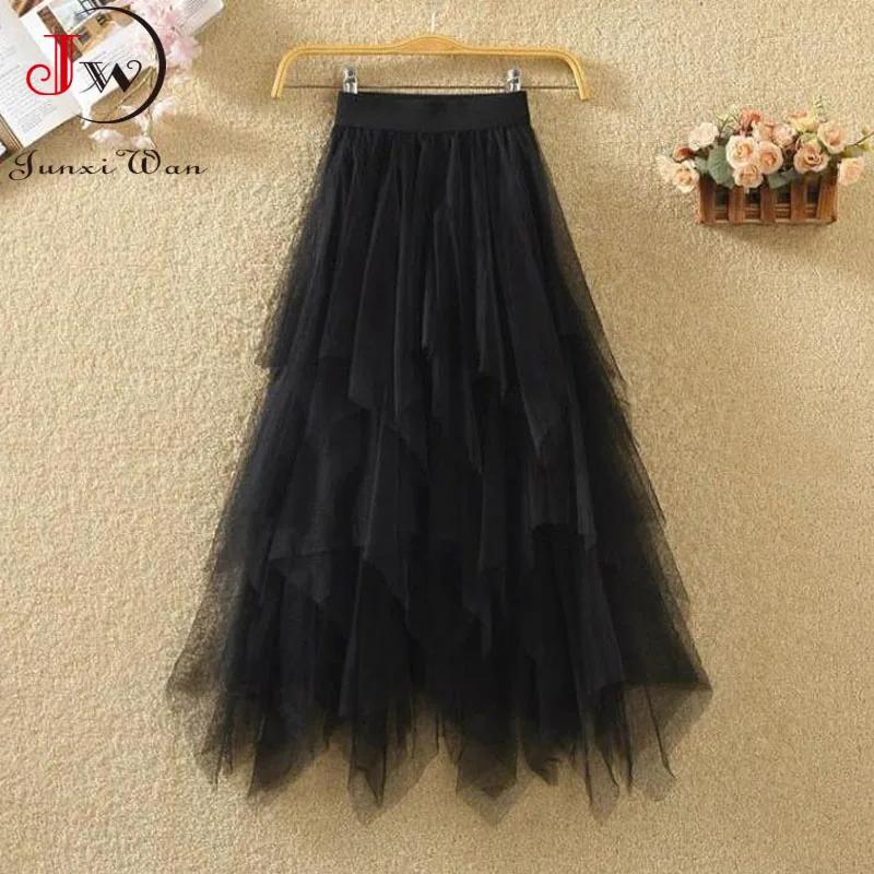 Jupes mi-longues taille haute pour femmes, jupes en tulle monochromes, maille blanche élégante et ch
